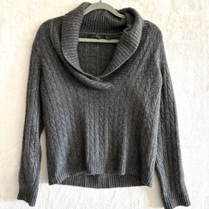 Ralph Lauren Sweater Large Gray 100% Cashmere Shawl Collar Cable Knit